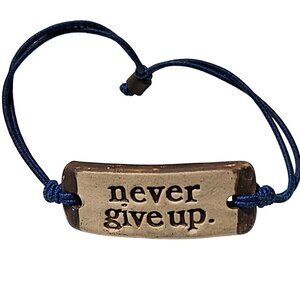 Inspirational Never Give Up Adjustable Bracelet Engraved Wood Plate Blue Cord